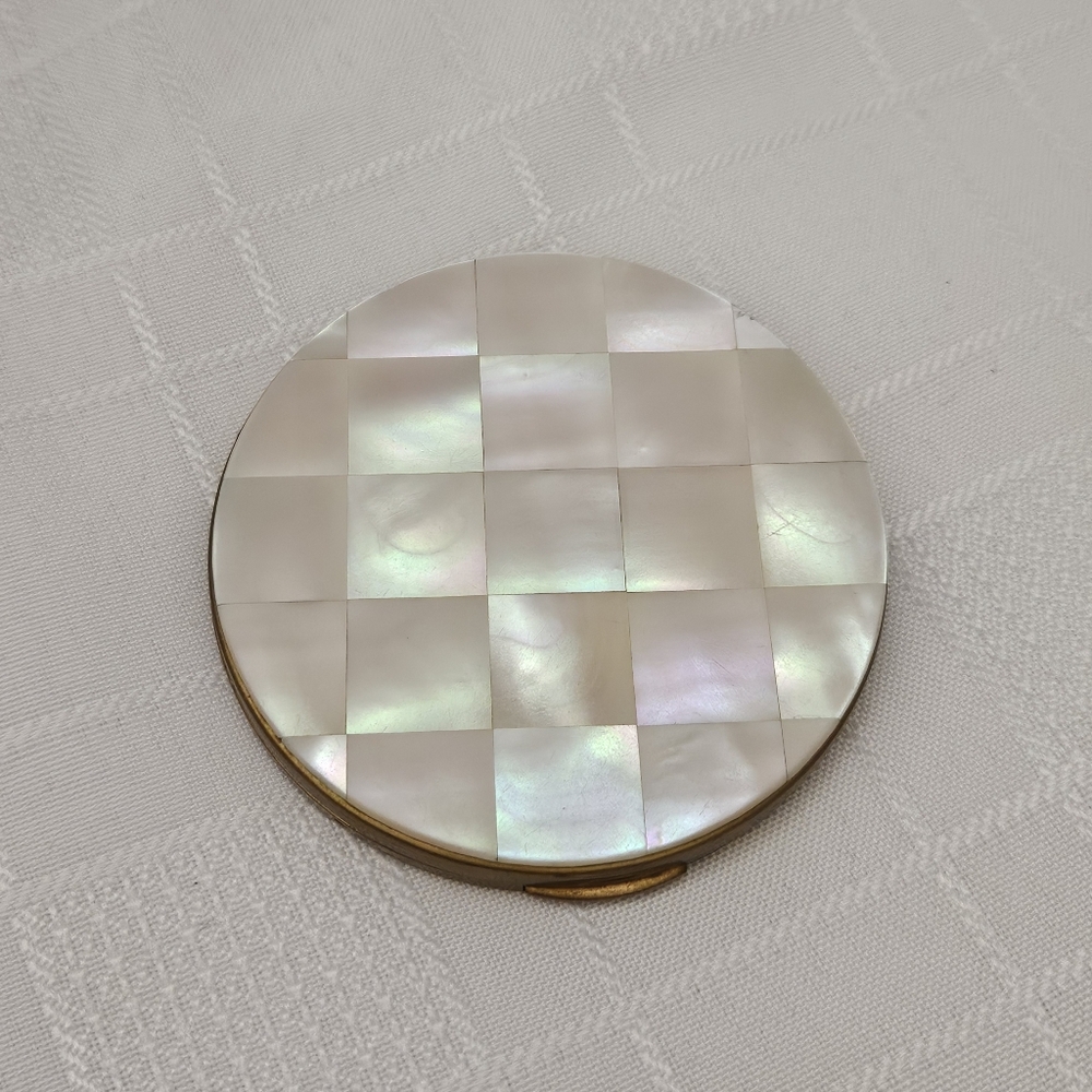 Vintage Mother of Pearl Gold Retro Makeup Powder Mirror Compact